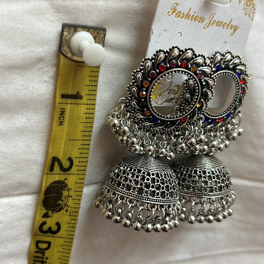 Jhumka earnings, silver gray with multi, blue or black. New - Picture 5 of 6